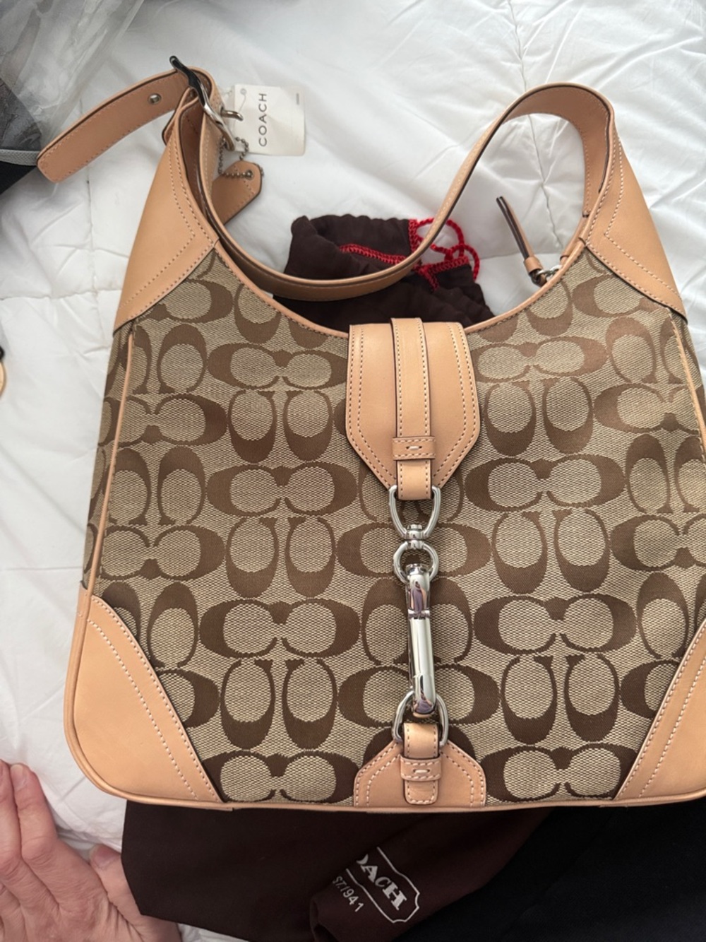 Coach Beige & Tan Signature Shoulder Bag with Silver Hardware